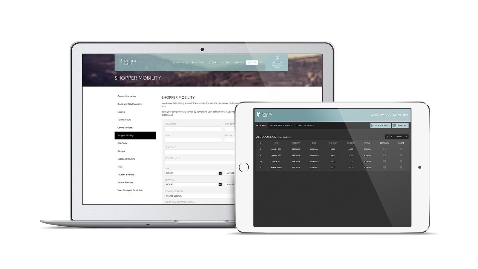 AMP | Pacific Fair shopper mobility booking centre on laptop and tablet | Devotion