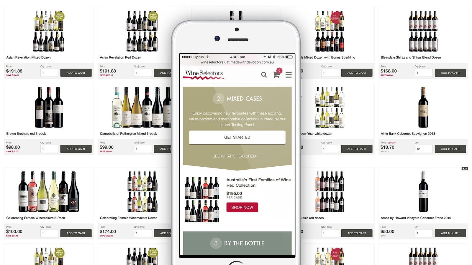 Wine Selectors | Mixed Cases product offerings behind an iPhone displaying the mobile website | Devotion