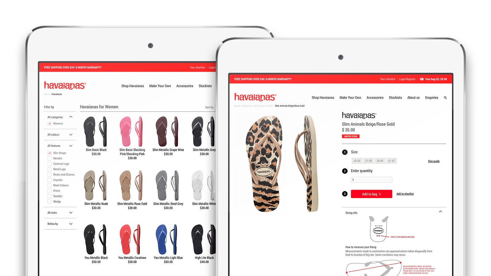 Havaianas | eCommerce category and product details page on tablet | Devotion