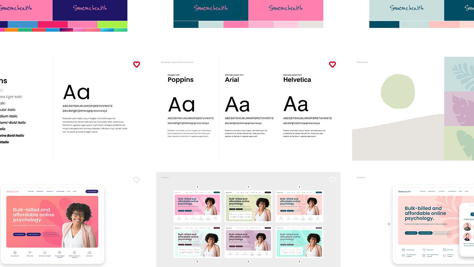 Someone.health | Someone.health brand territories showing typographic treatments, colour palettes and widget concepts | Devotion