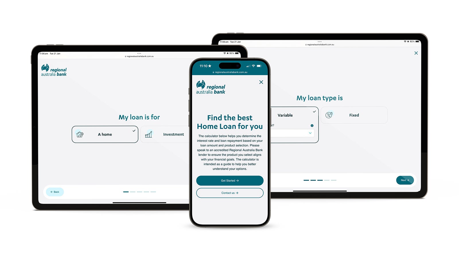 Regional Australia Bank | An iPad and iPhone displaying the loan finder tool on the Regional Australia Bank website | Devotion