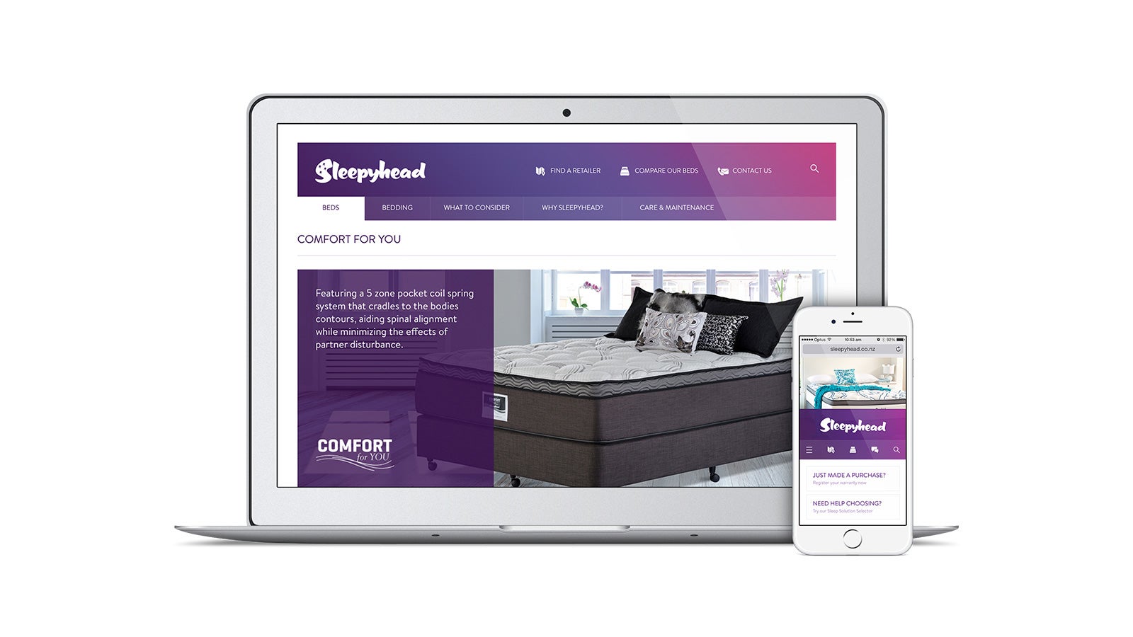 Sleepyhead | responsive website on laptop and mobile | Devotion