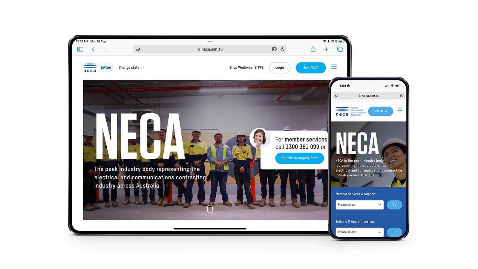 NECA | An Apple iPad and iPhone showing the NECA website homepage | Devotion