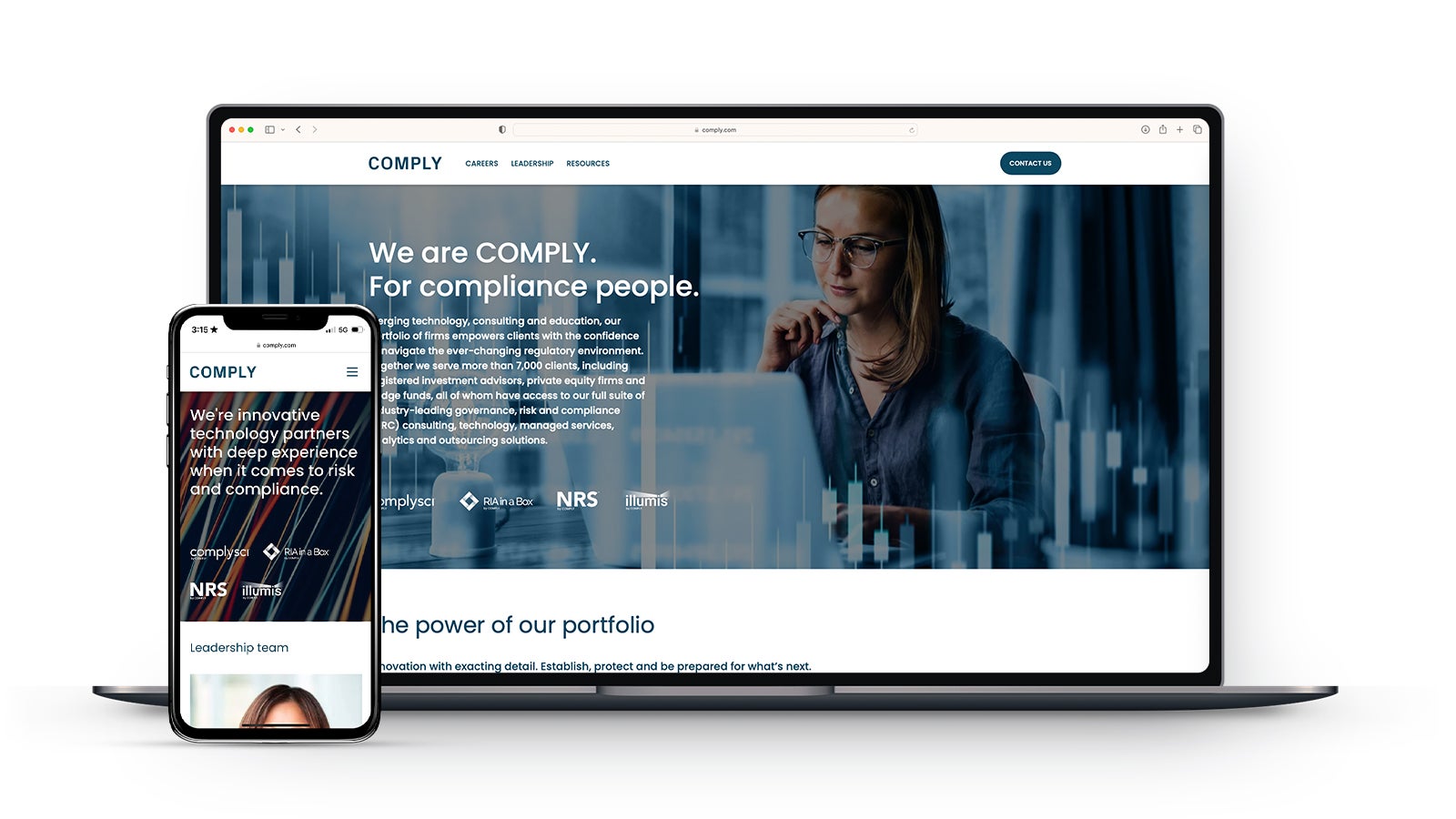 ComplySci | COMPLY website homepage on laptop and smartphone | Devotion