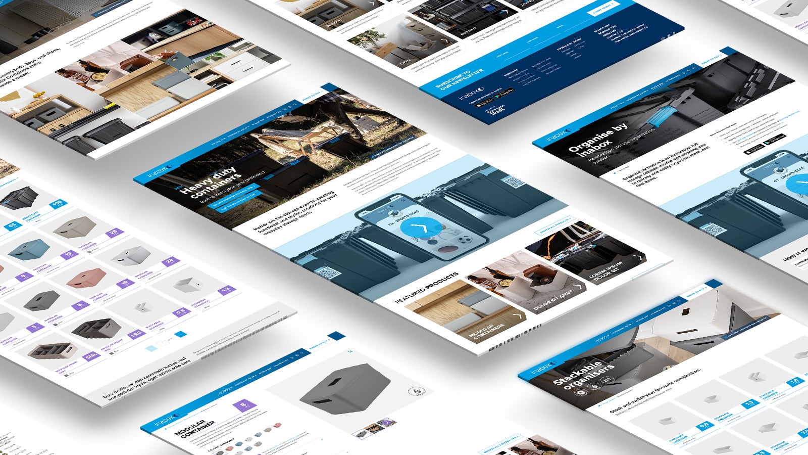 Inabox Solution | Responsive Inabox website pages shown in an isometric grid to display the variety of the content design | Devotion