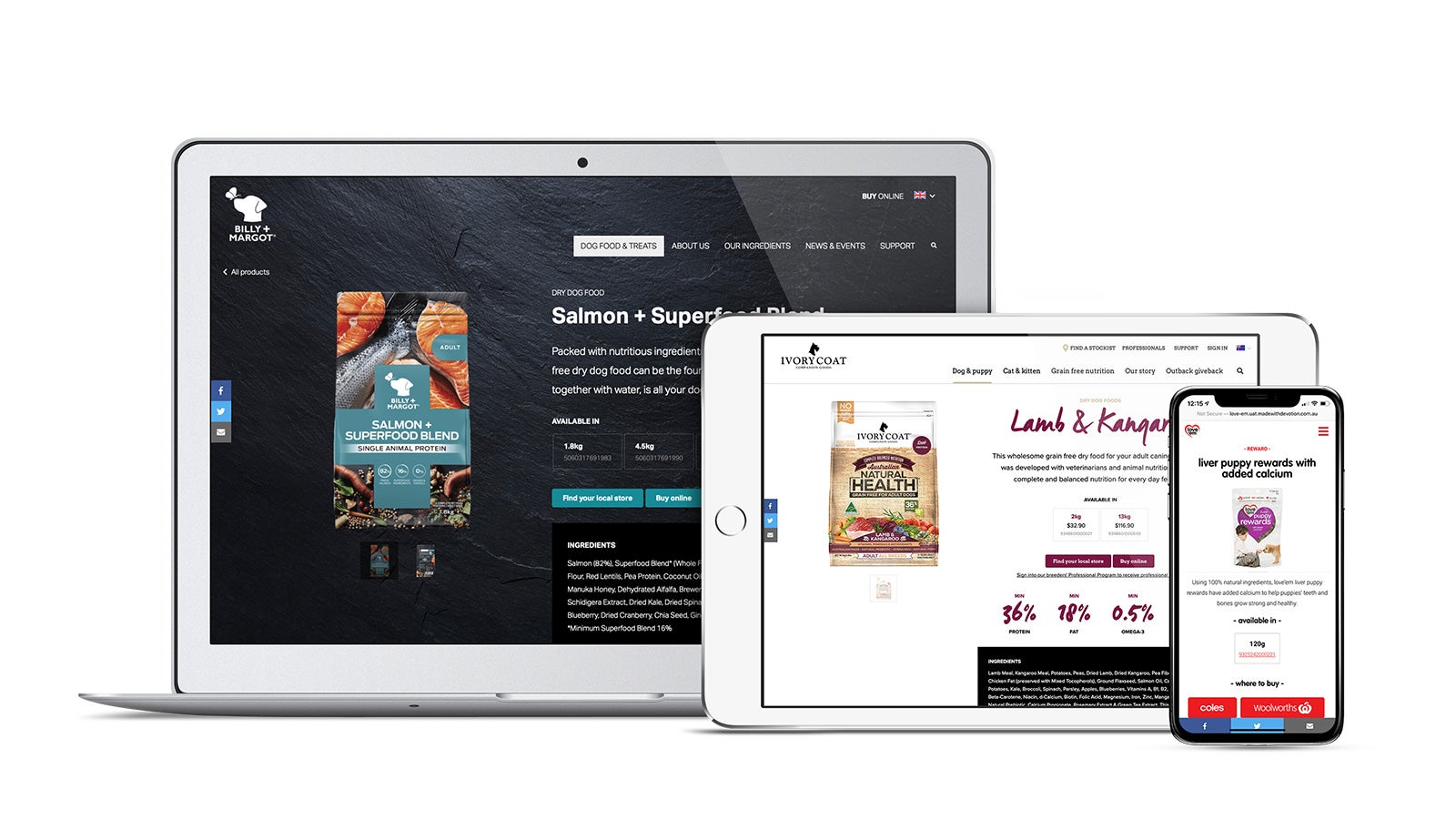 Real Pet Food Company | Billy + Margot website on desktop, Ivory Coat website on tablet,  love'em website on mobile | Devotion