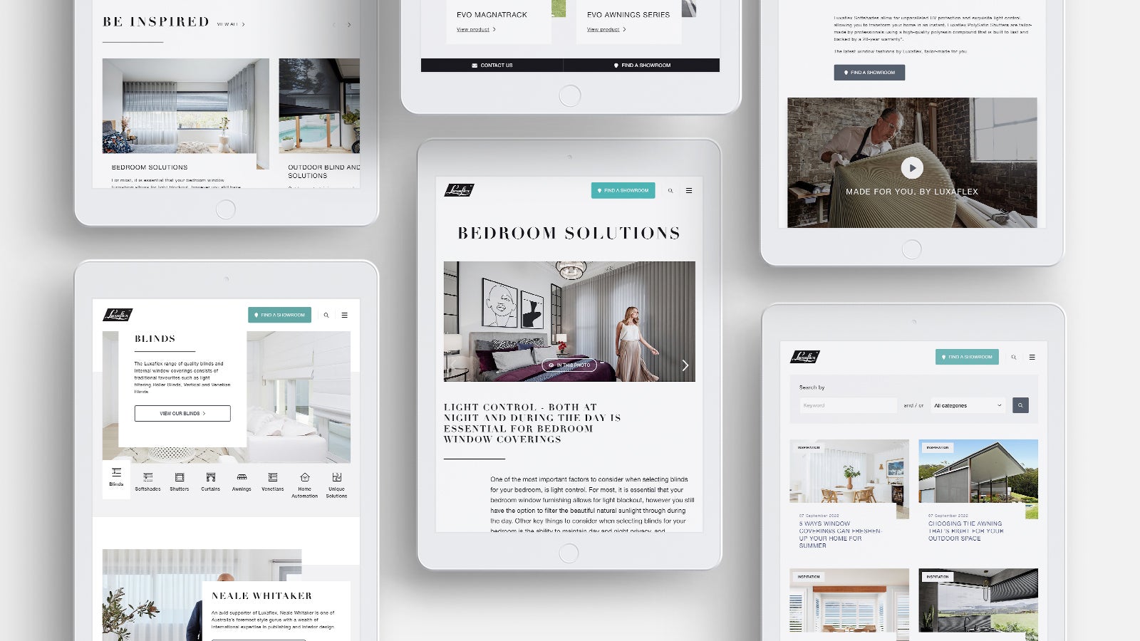Luxaflex | Responsive Luxaflex website pages shown on multiple iPads | Devotion