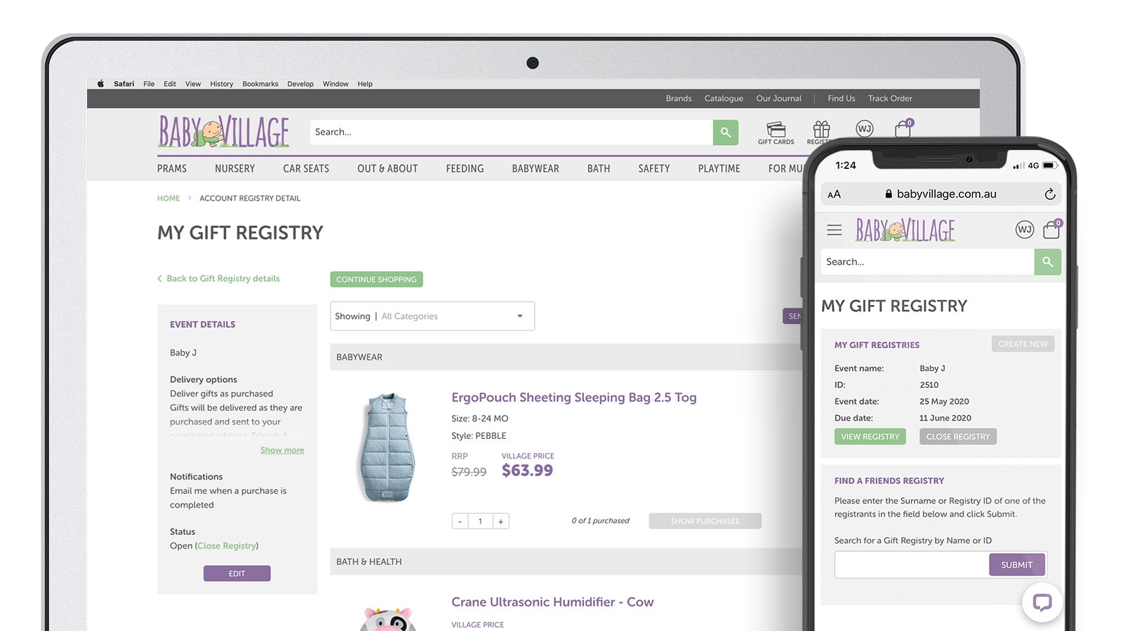 Baby Village | gift registry page on laptop and mobile | Devotion