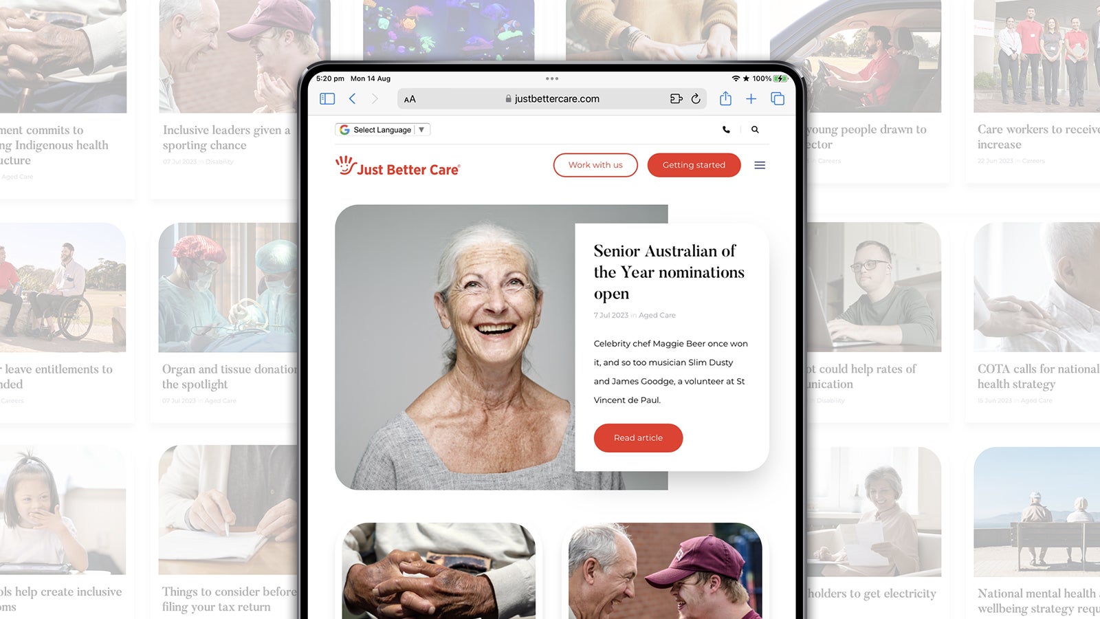 Just Better Care | responsive website homepage on tablet | Devotion