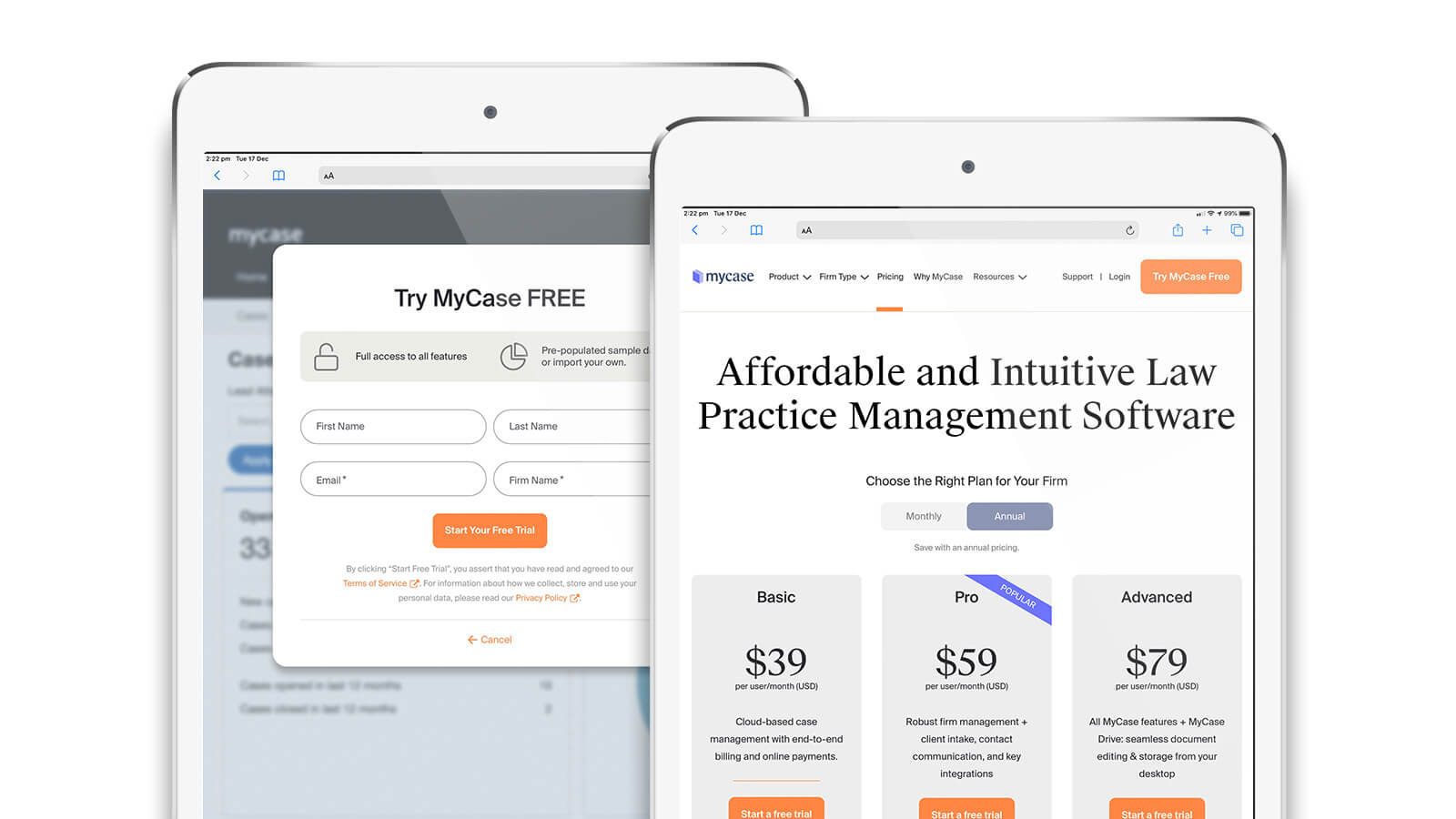 MyCase | Two iPads in portrait mode showing sections of the MyCase website | Devotion
