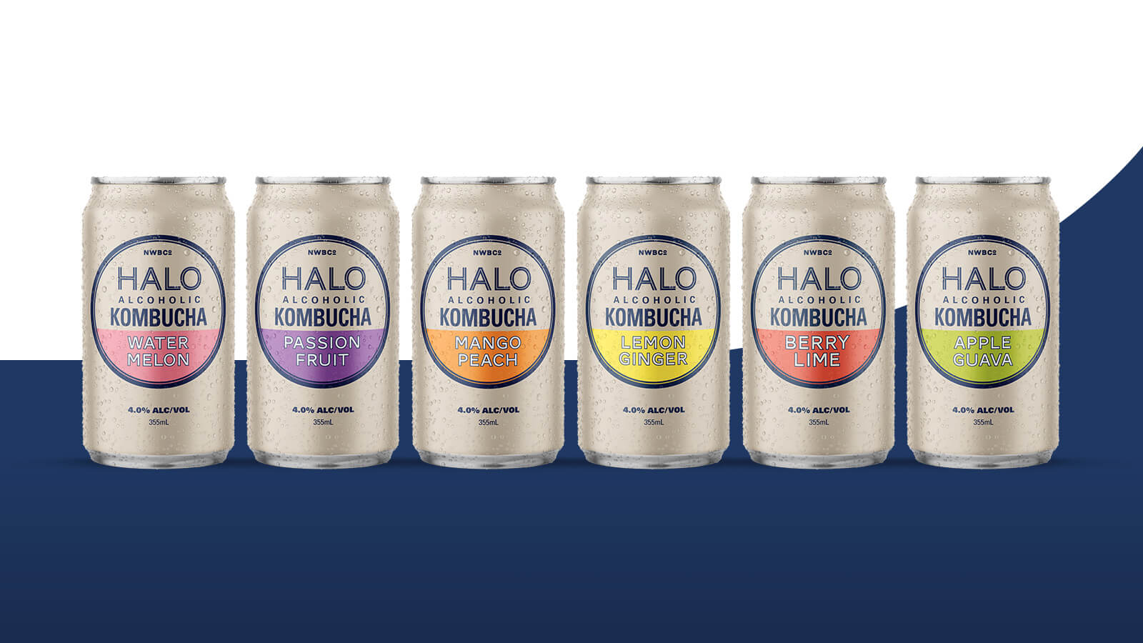 Halo Alcoholic Kombucha | Six HALO cans showing all flavours  | Devotion