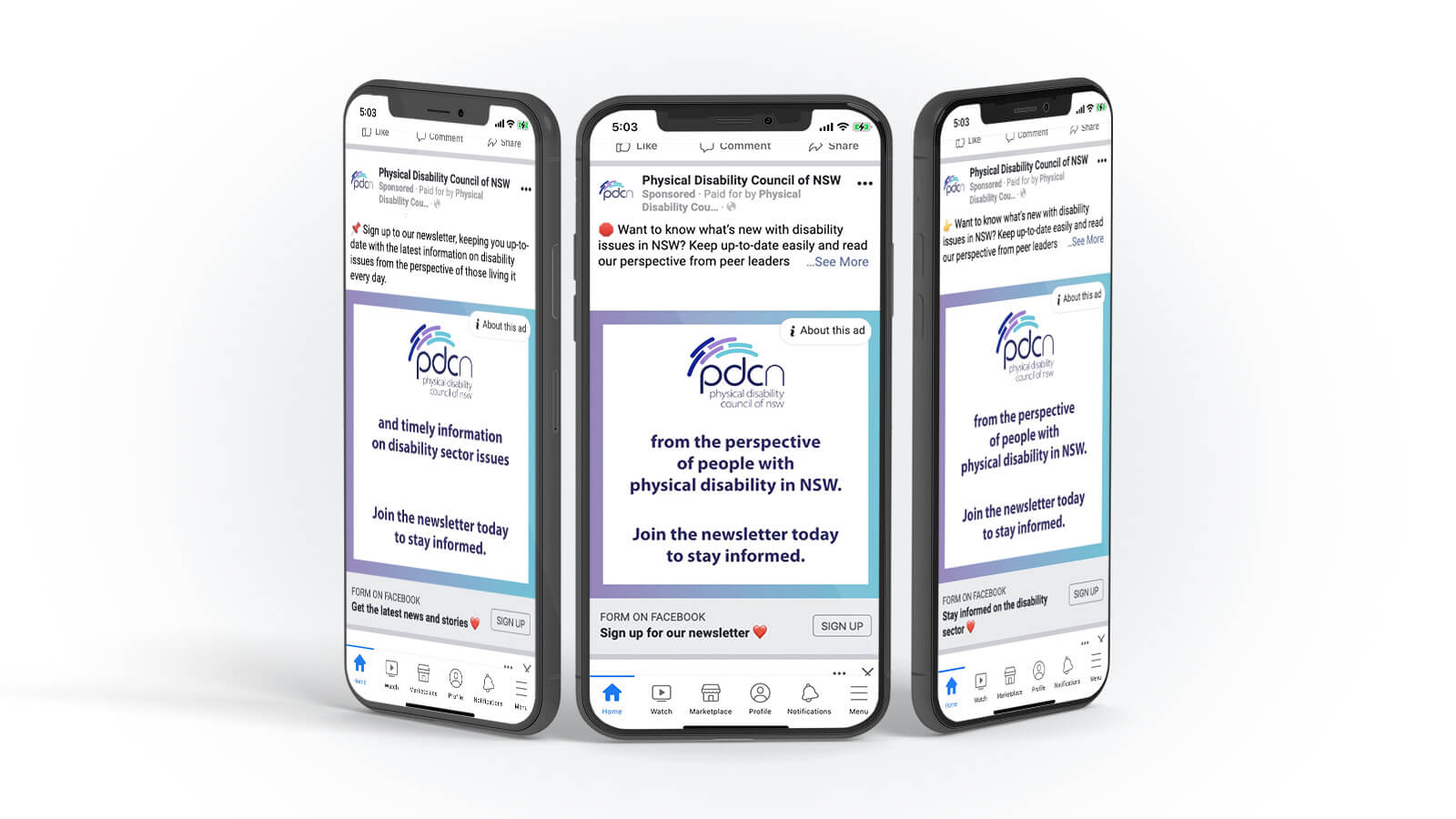 Physical Disability Council of New South Wales | PDCN ads shown on a series of smartphones | Devotion