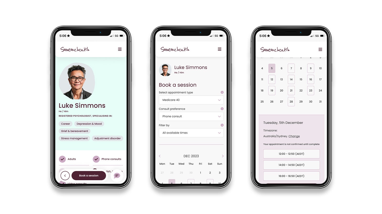 Someone.health | Someone.health website showing the booking feature across three smartphones | Devotion