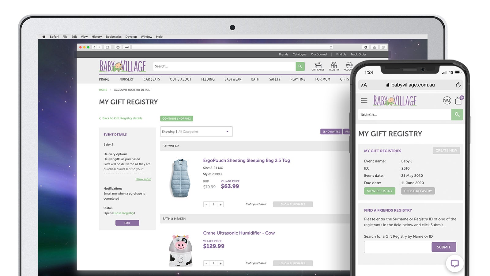 Baby Village | gift registry page on laptop and mobile | Devotion