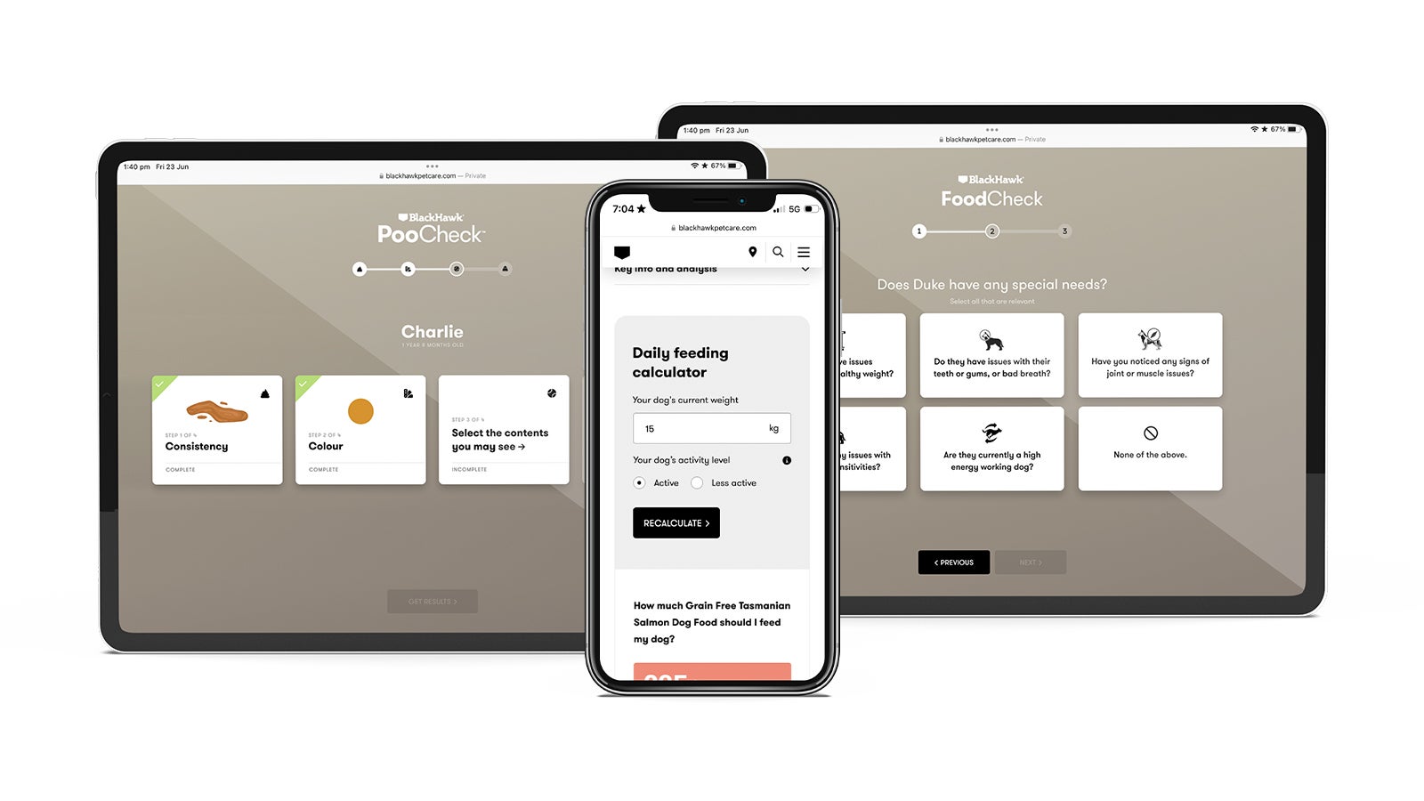Black Hawk Pet Care | Two Apple iPads and an iPhone showing pages from the Black Hawk 'Poo Check' calculator on the Black Hawk website | Devotion